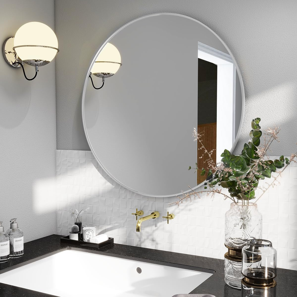 24 Inch round Mirror, Metal Frame Circle Mirror, Wall Mounted for Entryway, Bathroom, Vanity, Living Room, White