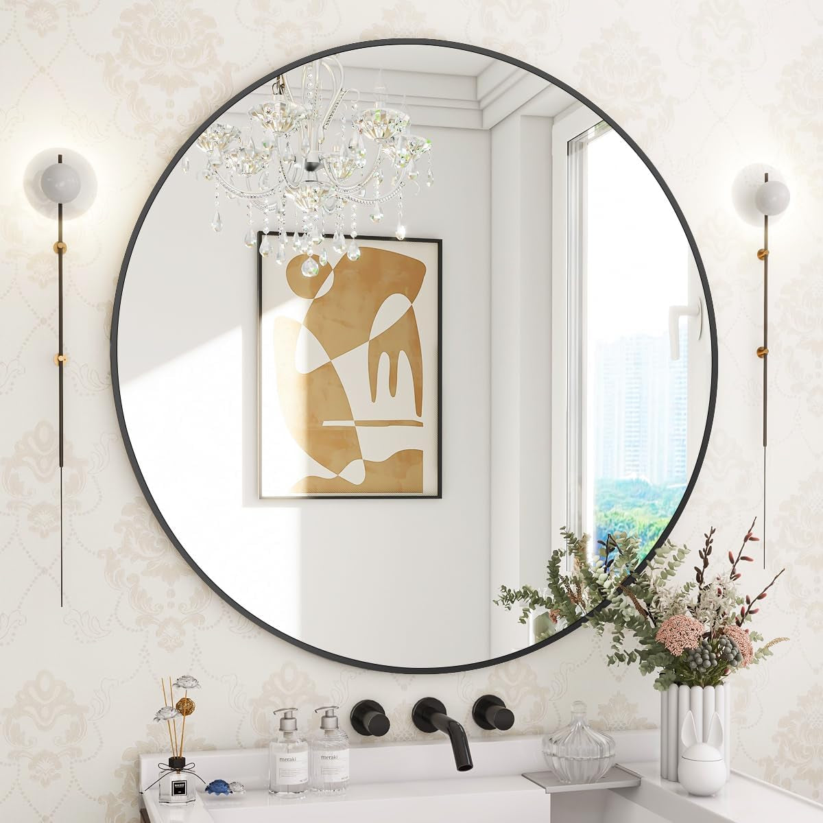 30 Inch round Mirror, Metal Frame Circle Mirror, Wall Mounted for Entryway, Bathroom, Vanity, Living Room, Black