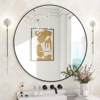 30 Inch round Mirror, Metal Frame Circle Mirror, Wall Mounted for Entryway, Bathroom, Vanity, Living Room, Black