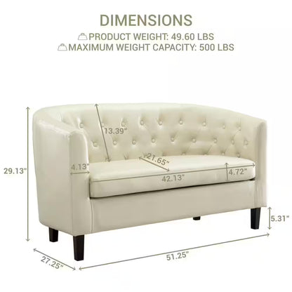 48 In. Cream Love Seat, Button Tufted Faux Leather Barrel Loveseat, Midcentury Modern 2 Seater Couch, Small Loveseat