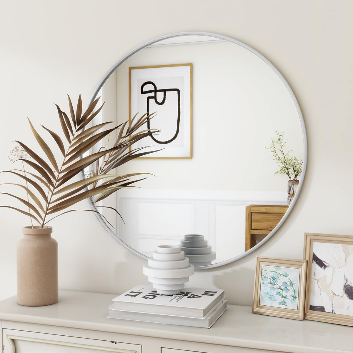 24 Inch round Mirror, Metal Frame Circle Mirror, Wall Mounted for Entryway, Bathroom, Vanity, Living Room, White